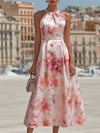 Midi Dress with Halter in Watercolor Floral Pattern