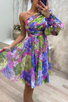 Floral Print Pleated One Shoulder Sleeve Swing Mini Dress