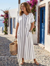 Short Sleeve Striped Tie Neck Pocket Midi Dress