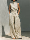 Minimalist Sleeveless Blouse and Wide-Leg Cotton-Linen Pants Set for Women