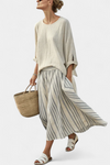 Comfortable Loose Blouse and Striped Midi Skirt