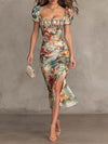 Retro Elegant Floral Ruched Square-Neck Midi Dress