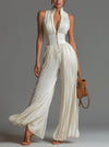 V-Neck Sleeveless Zip-Up Pleated Wide-Leg Chiffon Jumpsuit
