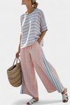 Elegant Pink Blue Linen Blouse and Soft Pants