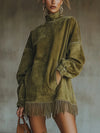 Suede Fringe Turtleneck Dress