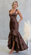 Brown Tiered Ruffle Bustier Mermaid Maxi Dress