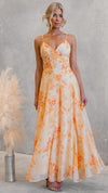 Apricot Floral V-Neck Flared Maxi Dress