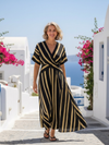 Short Sleeve V Neck Striped Wrap Midi Dress