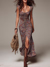 Grayish-Purple Pleated Floral Print Slit Maxi Dress