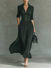 Pleated Long Dress with Lapel and High Waist