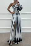 One Shoulder Pleated Slit Maxi Dress