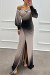 Gradient Print Off Shoulder Gem Detail Slit Maxi Gown Dress