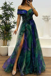 Tulle Floral Feather Pendant Pleated Off Shoulder Slit Maxi Dress