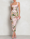 Pink Floral Satin Square Neck Midi Dress