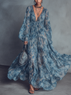 Bohemian Style Blue Floral Print Chiffon Maxi Dress