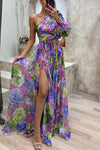 Floral Print Pleated One Shoulder Sleeve Slit Maxi Dress