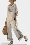 Sophisticated Embroidered Raw Blouse and Wide Pants