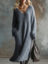 V-Neck Gray Knitted Maxi Dress