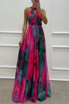 Tulle Floral Splash Print Cutout Halter Tie-Up Neck Maxi Dress