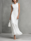 Elegant White Sleeveless Dress with Milk Silk and Chiffon Panels for Women