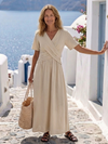 V Neck Short Sleeve Wrap Waist Midi Dress