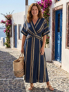 V Neck Short Sleeve Striped Wrap Midi Dress