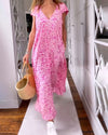 Printed Maxi Dress with V-Neck and Short Sleeves