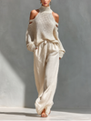 Beige Knit Off-Shoulder Turtleneck Top and Wide Leg Pants Set