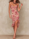 Elegant Blush Floral Ruched Bodycon Midi Dress with Ruffled Hem