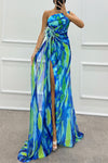 Watercolor Print Feather Rose Detail Off Shoulder Pleated Slit Maxi Dress