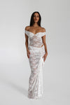 Off-the-Shoulder Sheer Lace Maxi Dress