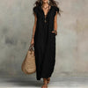 Long Linen Textured Dress with V-Neck and Ruffles