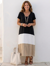 Short Sleeve Color Block V Neck Midi Dress