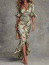 Asymmetrical Long Green Satin Dress