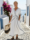 V Neck Short Sleeve Gathered Waist Midi Dress