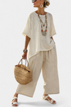 Comfortable Minimalist Raw Blouse and Wide-Leg Pants
