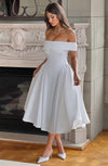 Off-Shoulder Pleated Midi Dress