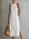 Midi Linen Dress with Mandarin Collar